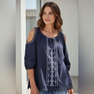 Westport Bohemian Boho Cold Shoulder Blue Embroidered Crochet Tunic Top 2X